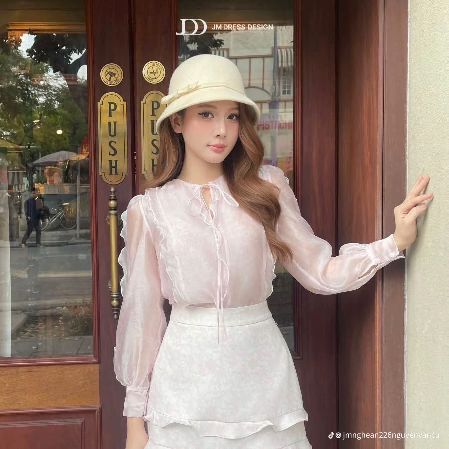 Thanh lý Pass set JM Dress áo sơ mi voan hồng phối chân váy xếp tầng trắng - ảnh 2