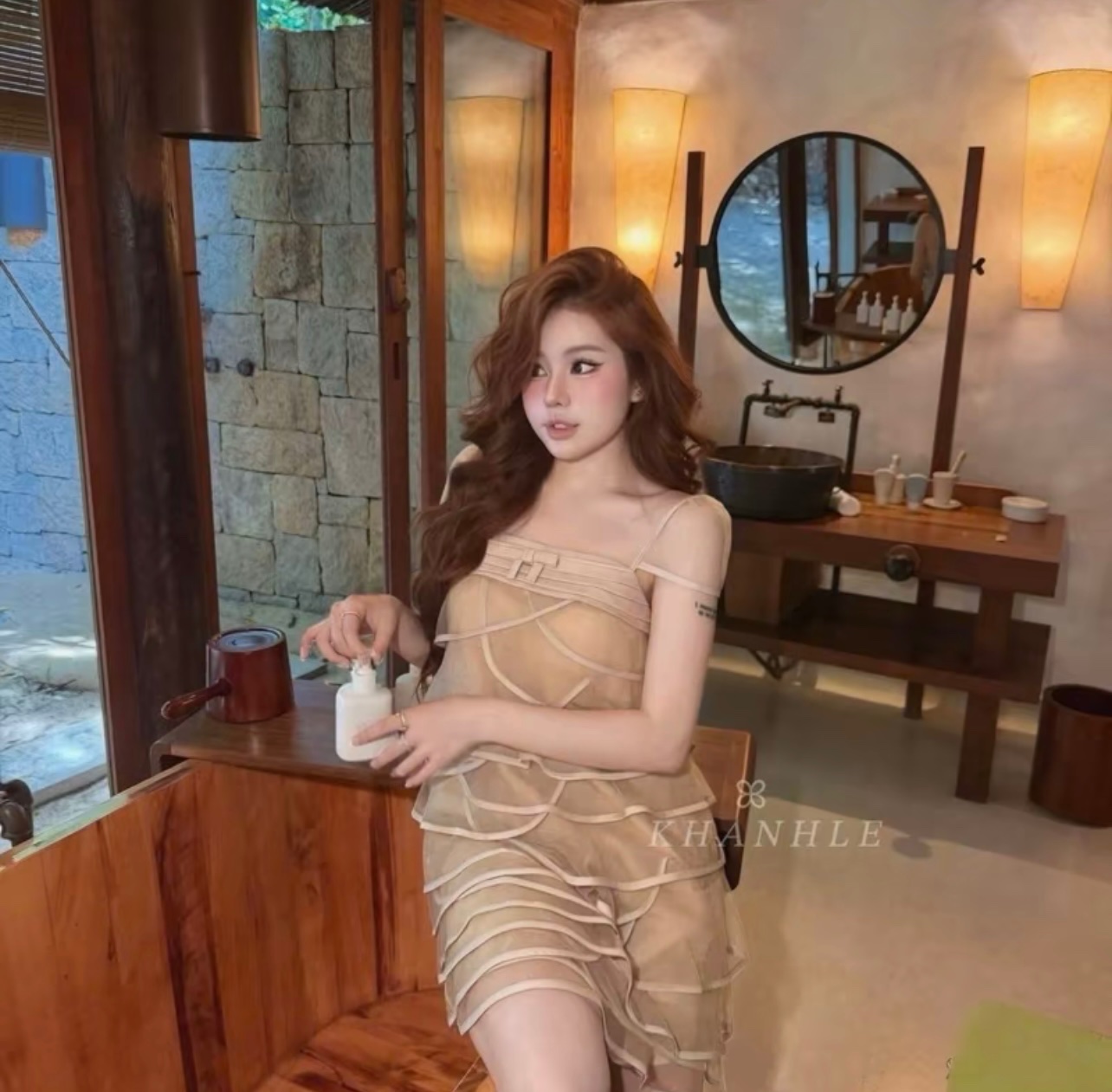 Thanh lý Pass váy xếp tầng màu nâu be KHANH LE dáng ngắn - ảnh 2