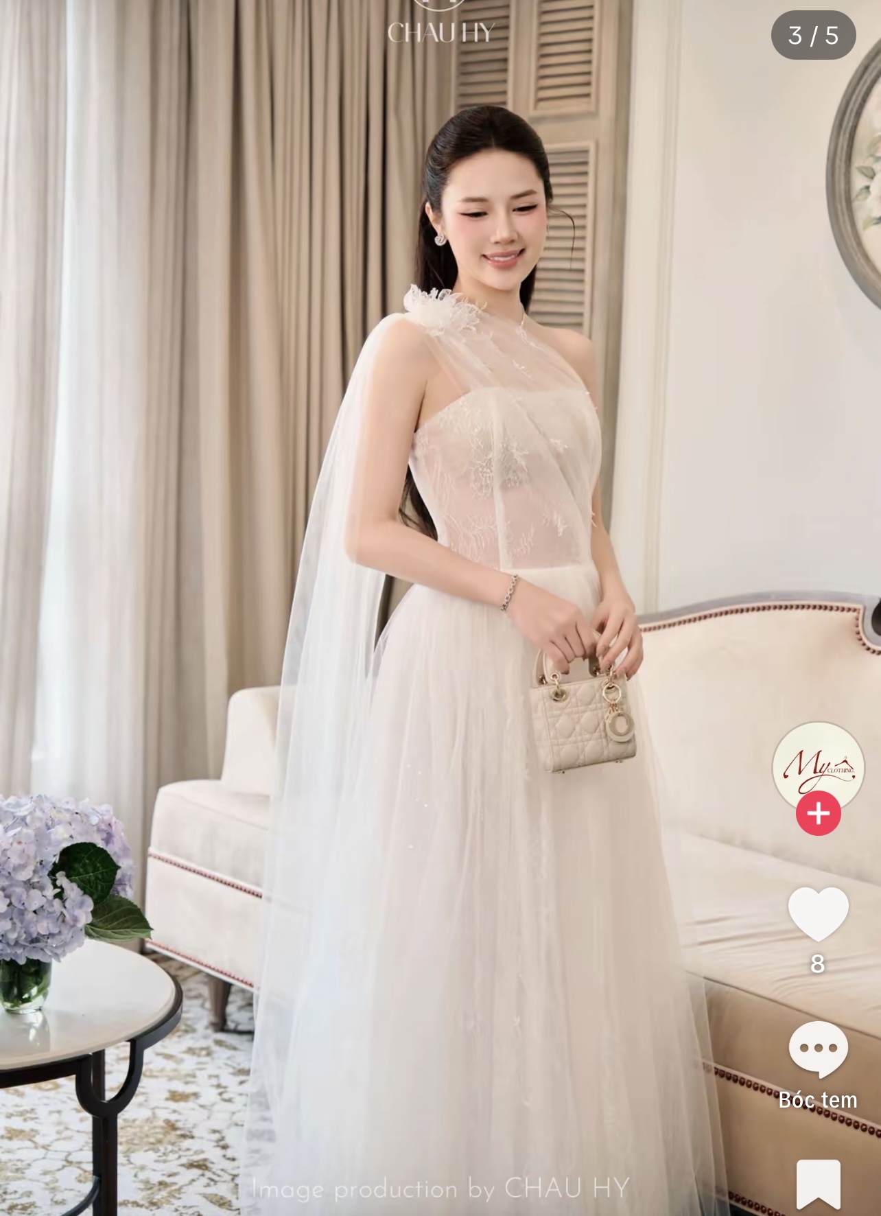 Thanh lý Pass váy chuẩn Châu Hy dài tone trắng thiết kế lệch vai kiêu sa Pass váy Size M - ảnh 2