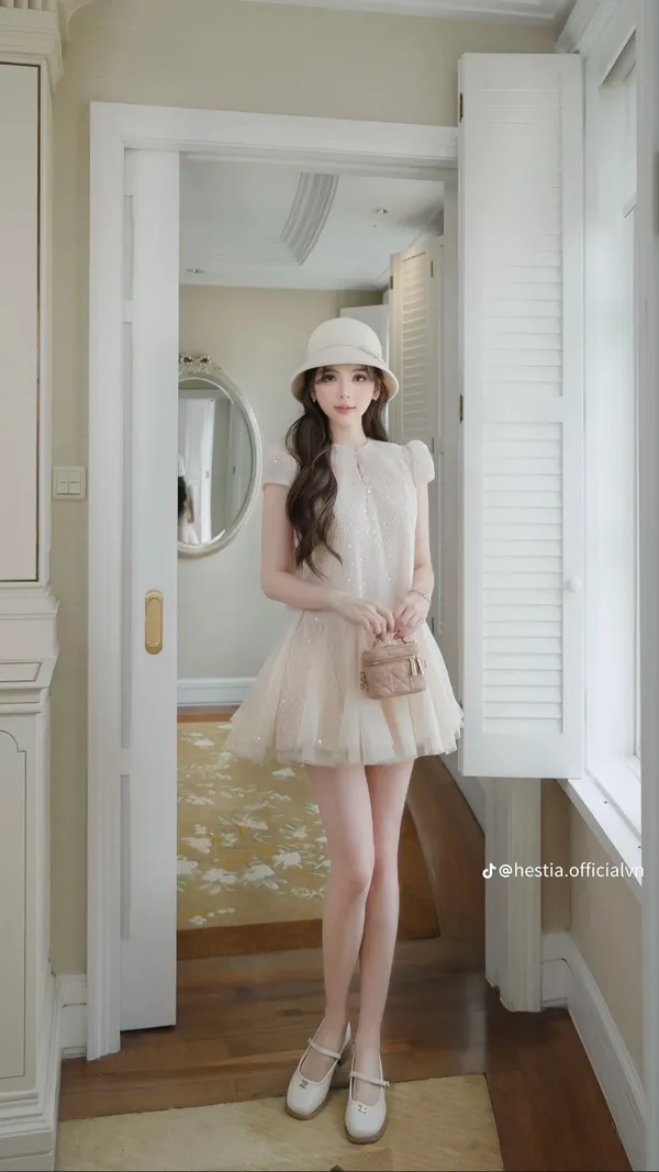 Pass đầm ngắn Hestia tiểu thư dáng suông màu kem Size M