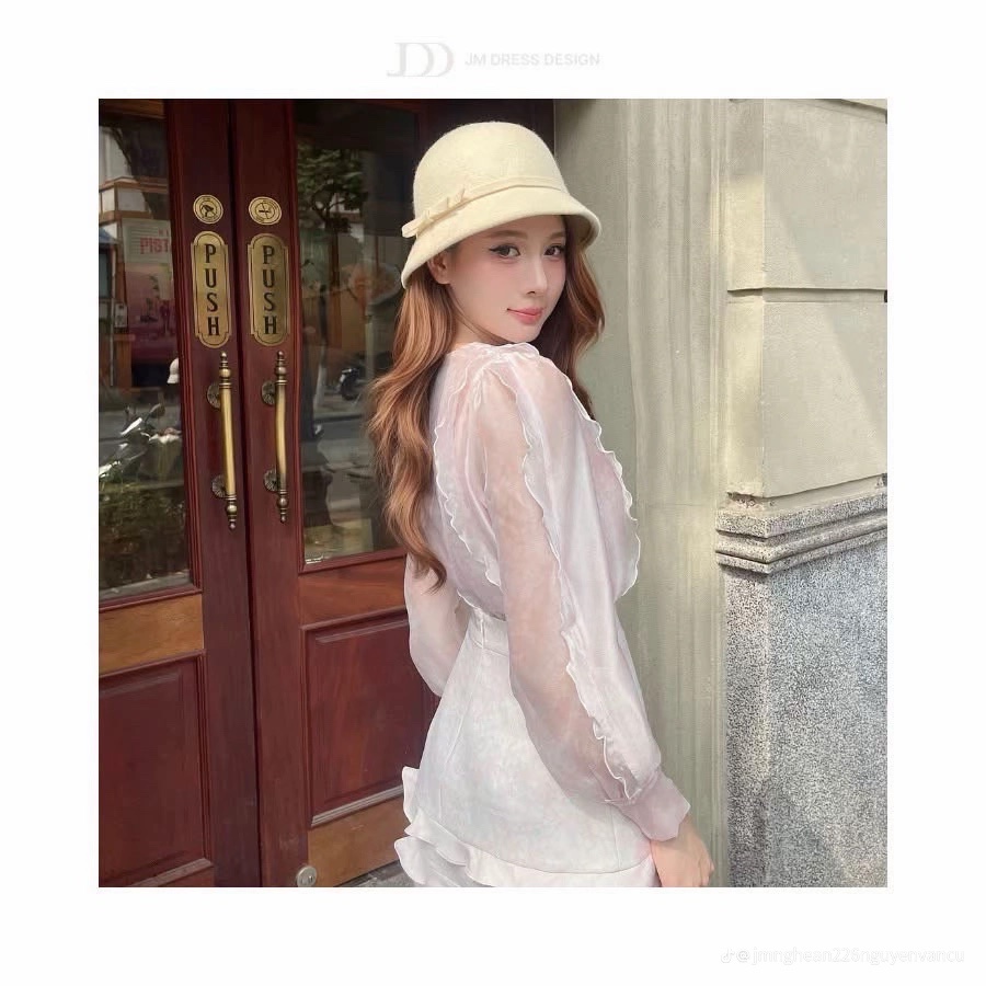 Thanh lý Pass set JM Dress áo sơ mi voan hồng phối chân váy xếp tầng trắng - ảnh 3