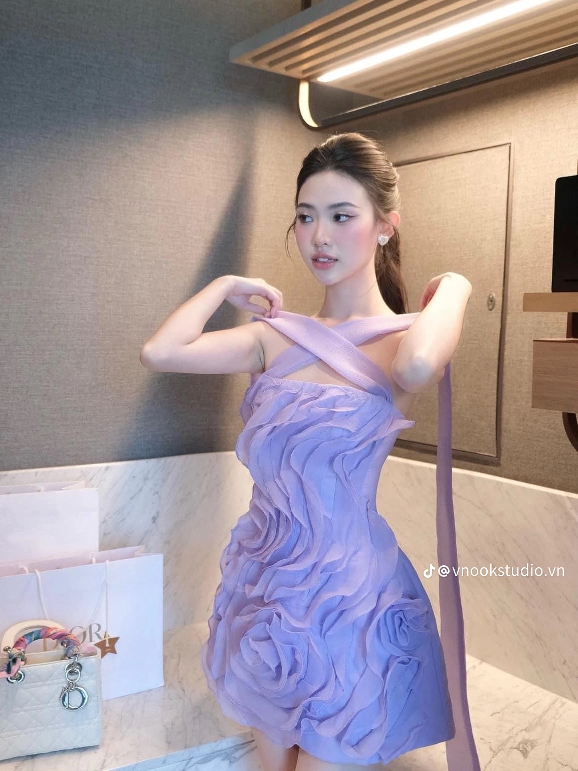 Thanh lý Pass váy tiệc tím pastel chuẩn ChouChou dáng xòe đắp hoa nổi tiểu thư - ảnh 1
