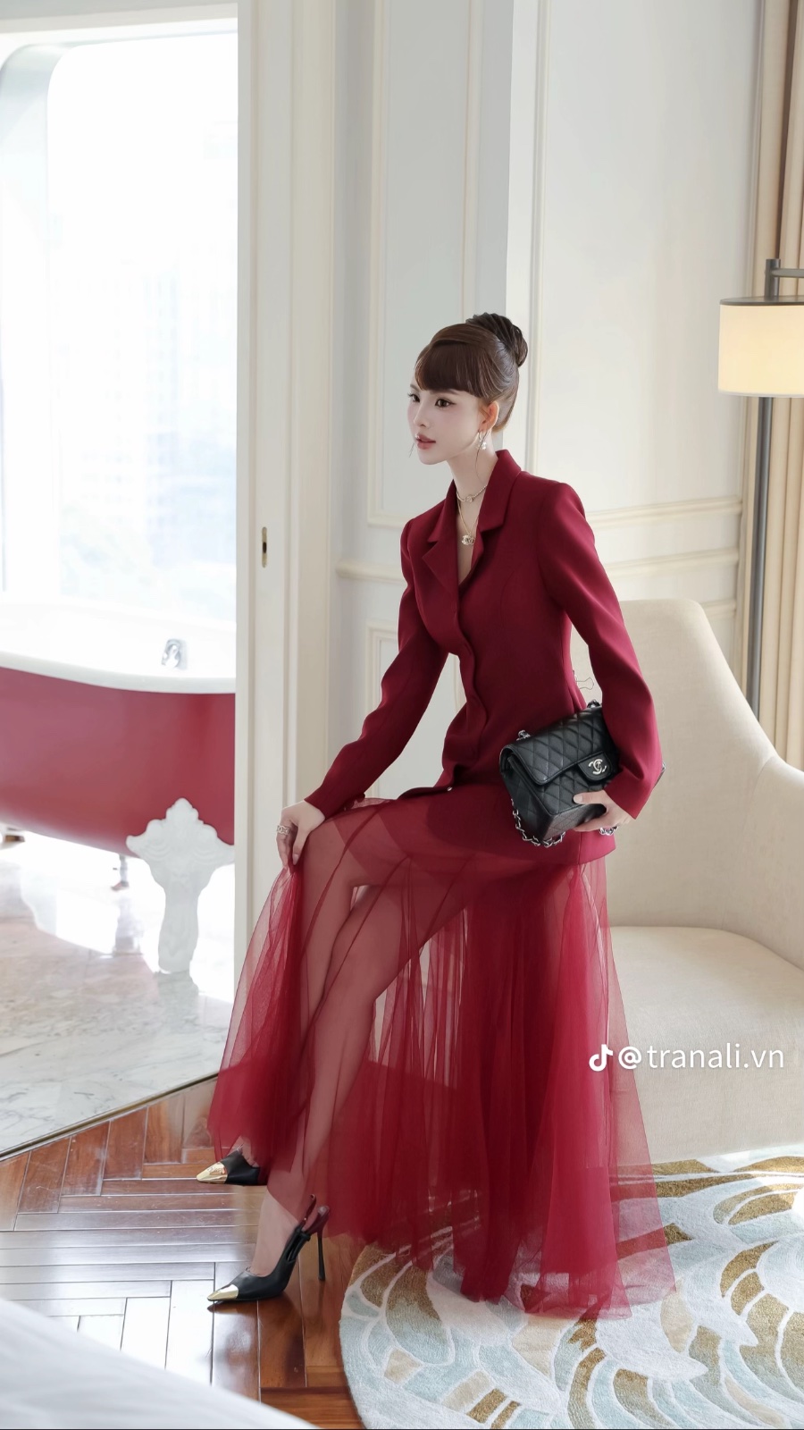 Thanh lý Pass set áo vest phối cv voan đỏ đô Trân Ali quý phái - ảnh 2
