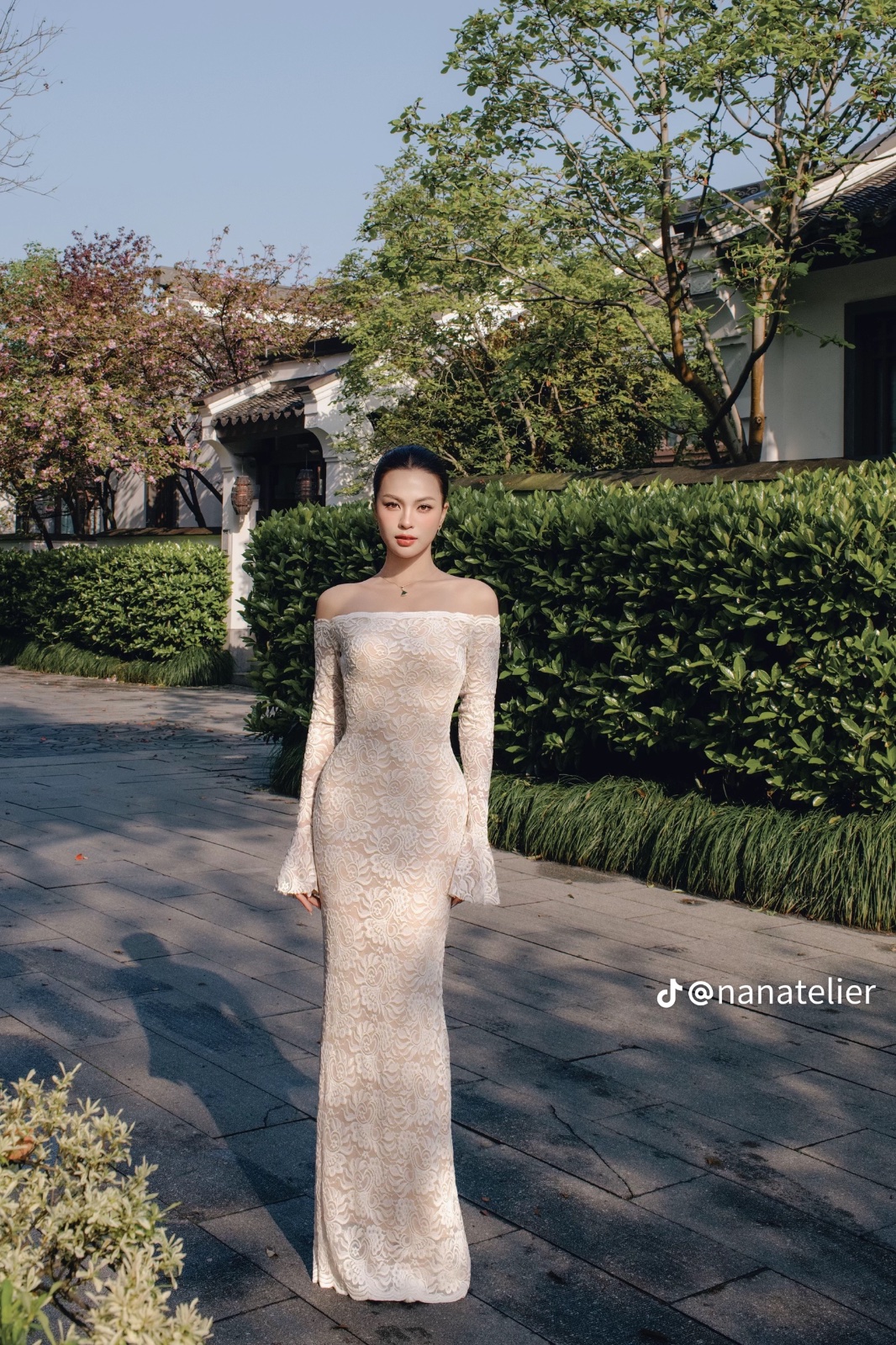 Thanh lý Pass đầm body ren dài trễ vai chính hãng NAN Atelier - ảnh 1