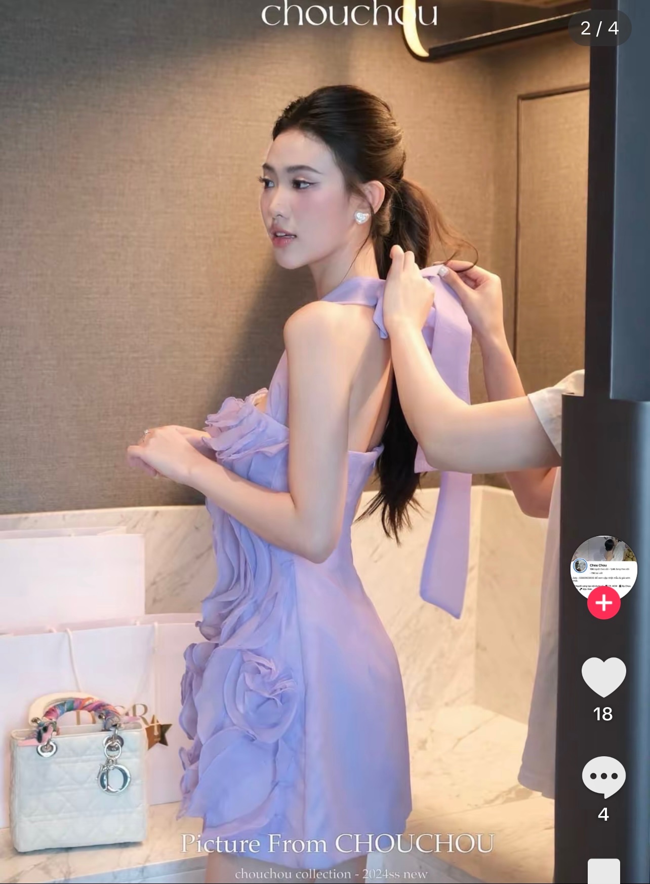 Thanh lý Pass váy tiệc tím pastel chuẩn ChouChou dáng xòe đắp hoa nổi tiểu thư - ảnh 3