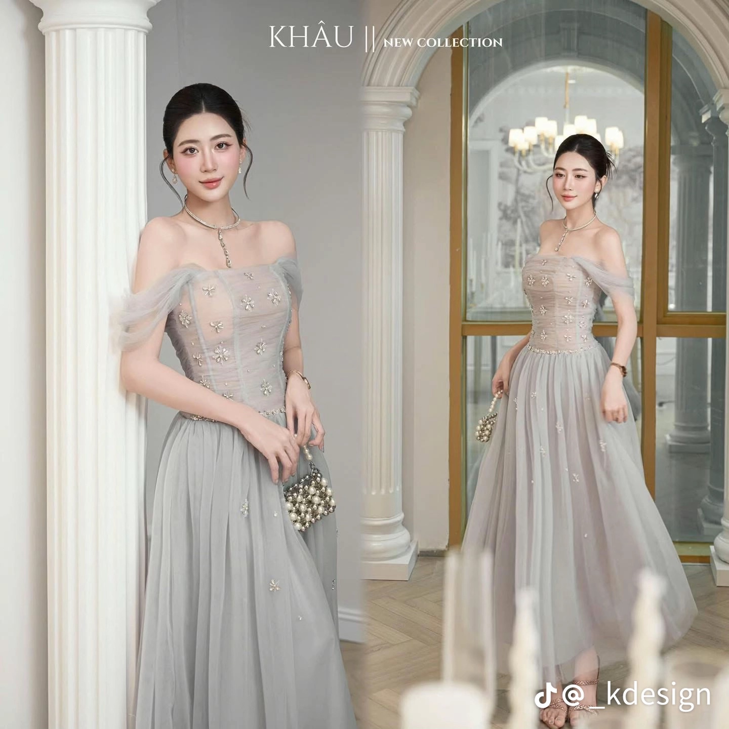 Thanh lý Pass váy Khâu trễ vai màu xám ghi đính hoa sang trọng - ảnh 2