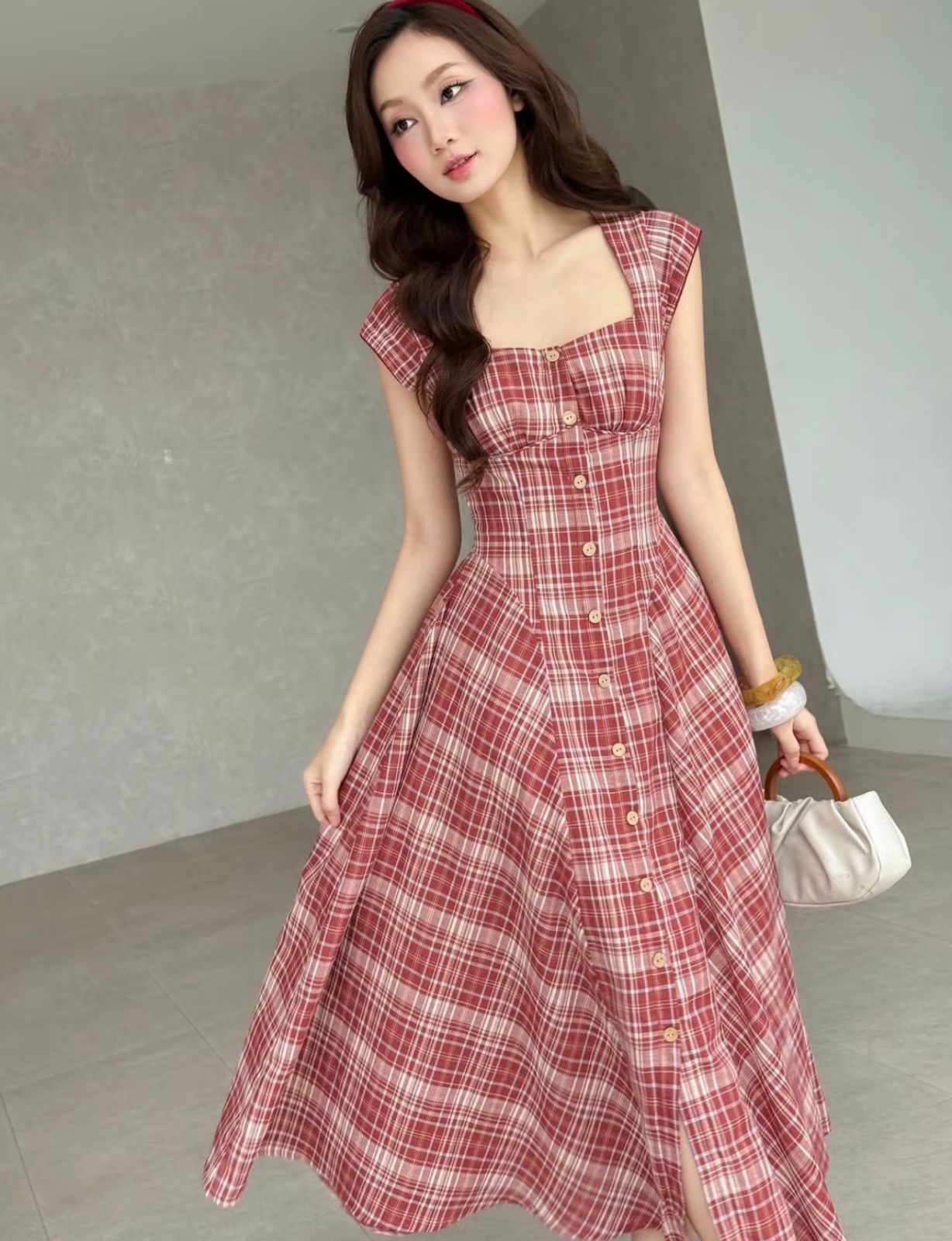 Thanh lý Pass đầm midi do dáng xòe họa tiết kẻ caro màu đỏ GOLA design - ảnh 3