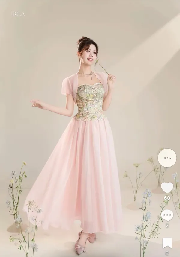 Pass set đầm phối khoác nhẹ Tiela màu hồng nàng thơ size 2XL