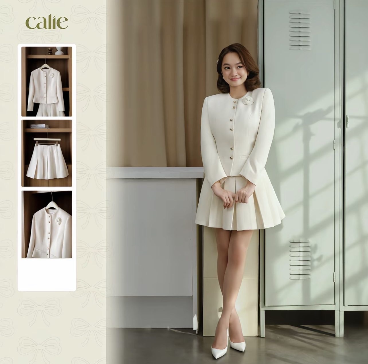 Thanh lý Pass Set Dạ Tweed CALIE Trắng Kem Dáng Áo Cổ Tròn + Chân Váy Xếp Ly - ảnh 1