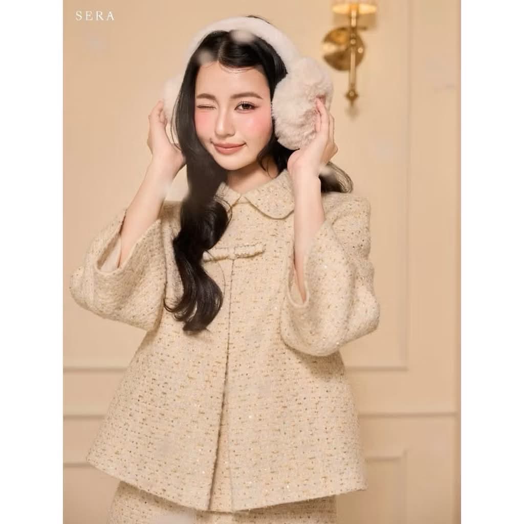 Thanh lý Pass set áo khoác dạ tweed dáng lửng phối chân váy màu kem - Serabyqh - ảnh 2