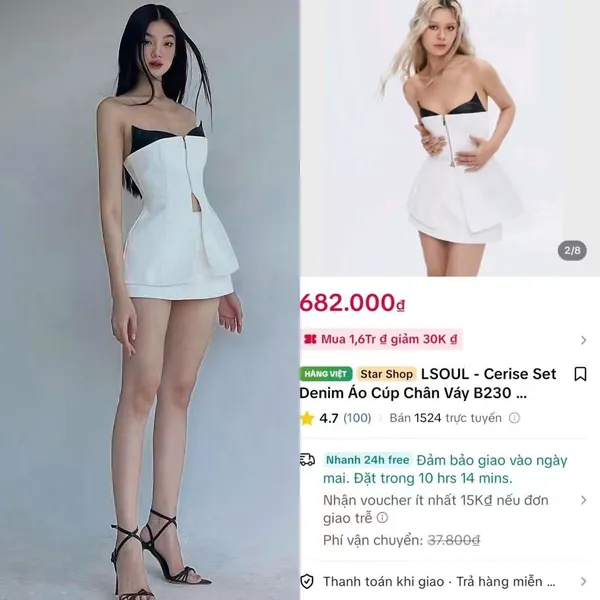 Pass set LSOUL áo cúp ngực phối chân váy dáng peplum màu trắng viền đen Size S