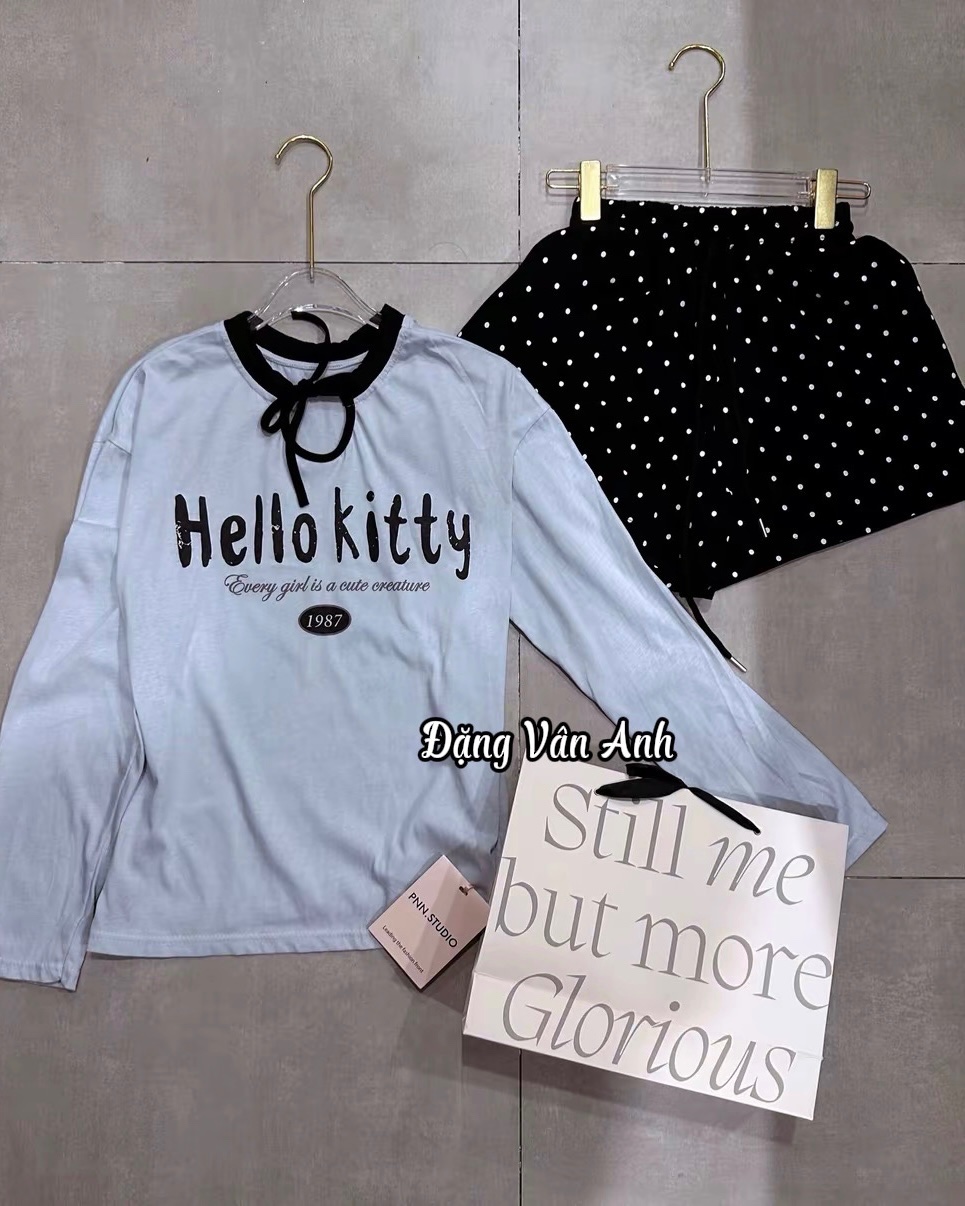 Thanh lý Pass set áo dài tay Hello Kitty và quần short chấm bi - PNN - ảnh 4