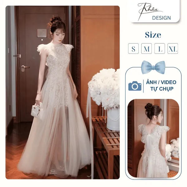 Pass váy Khâu dáng dài tone kem phối ren tiểu thư sang trọng Size S